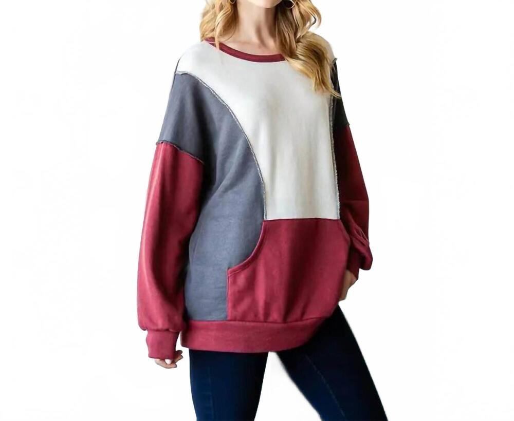 NEW 7TH RAY color block sweatshirt in burgundy/ gray